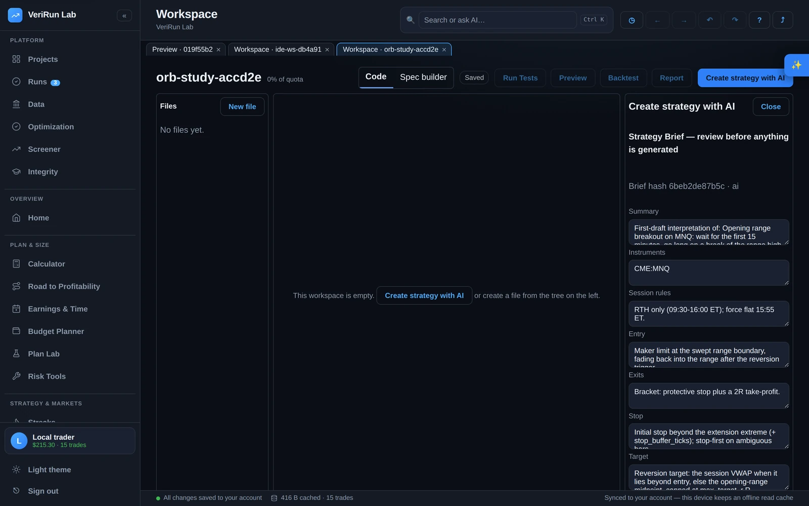 The AI Strategy Builder: a plain-English idea followed by clarifying questions and a reviewable Strategy Brief