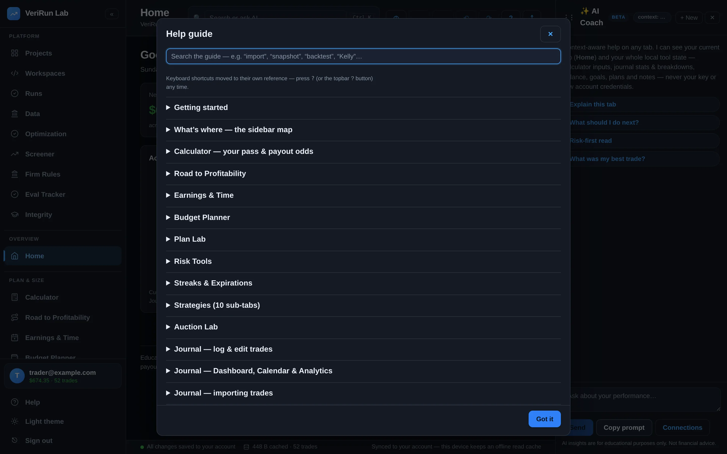 The in-app Help guide: a searchable panel with quick-start steps, a sidebar map, and links into the documentation