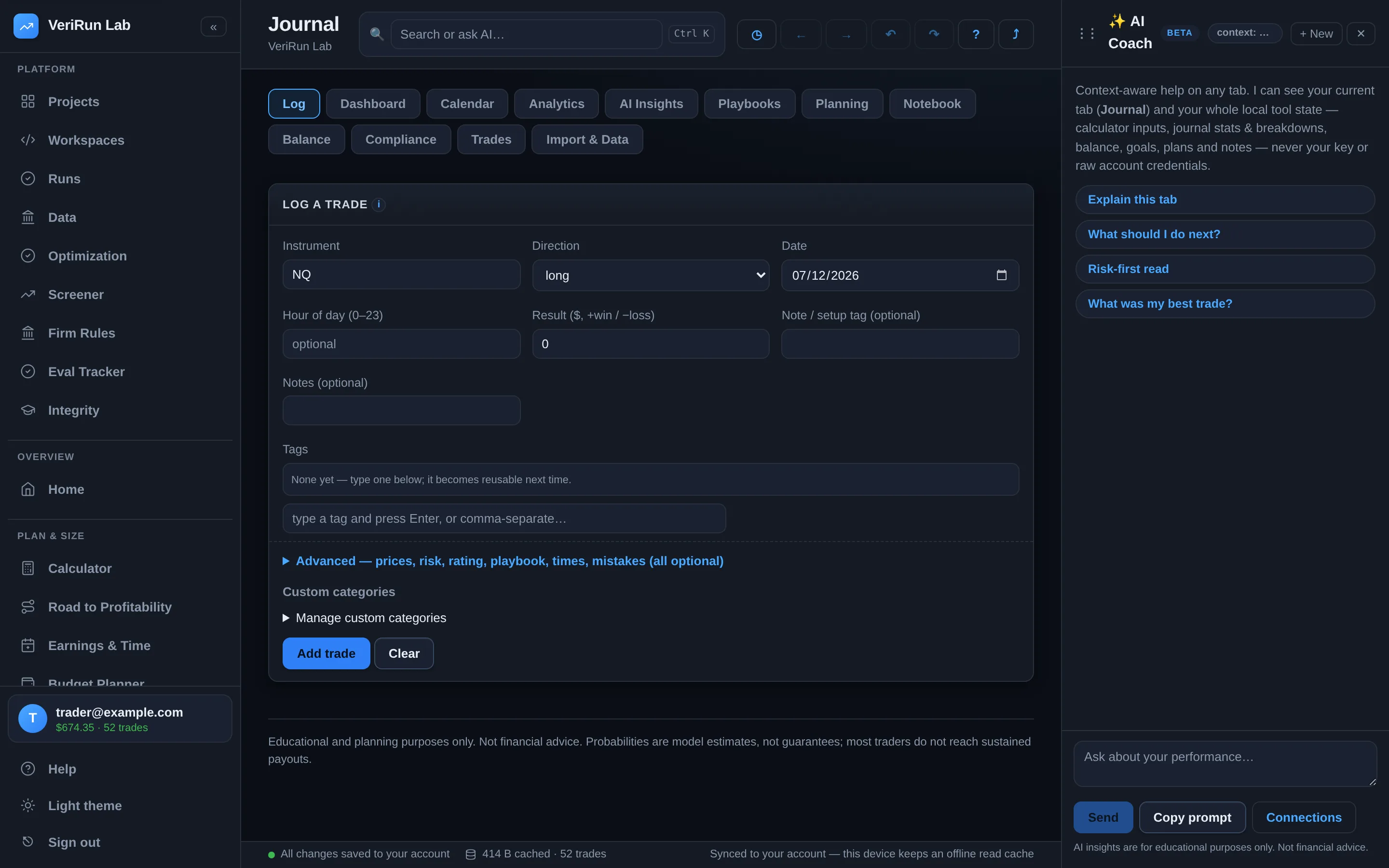 The journal's Log a trade form: instrument, direction, date, result, tags, and a collapsed Advanced section, with the journal sub-tabs above