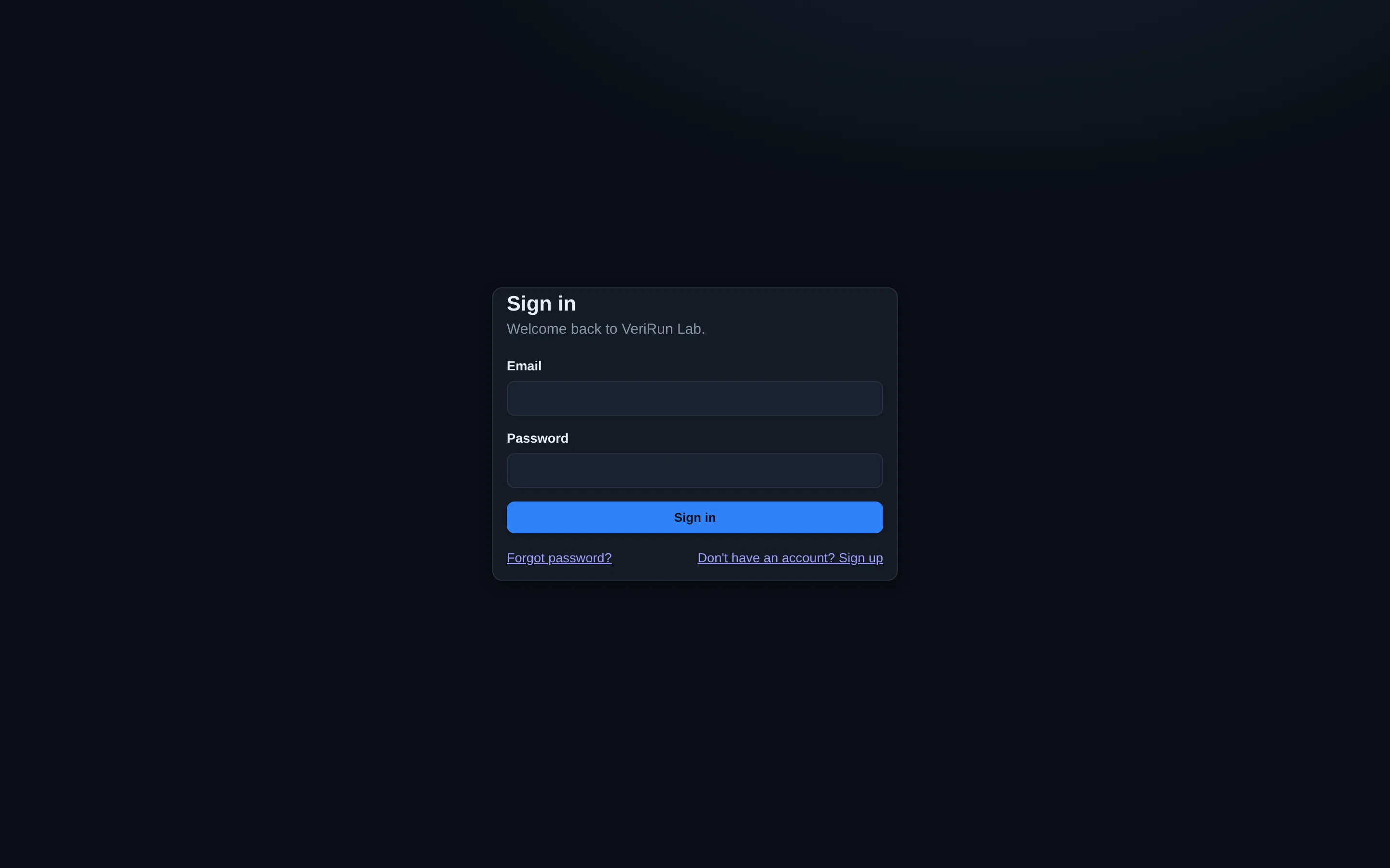 The VeriRun Lab sign-in page: Email and Password fields, a Sign in button, and links for password reset and sign-up