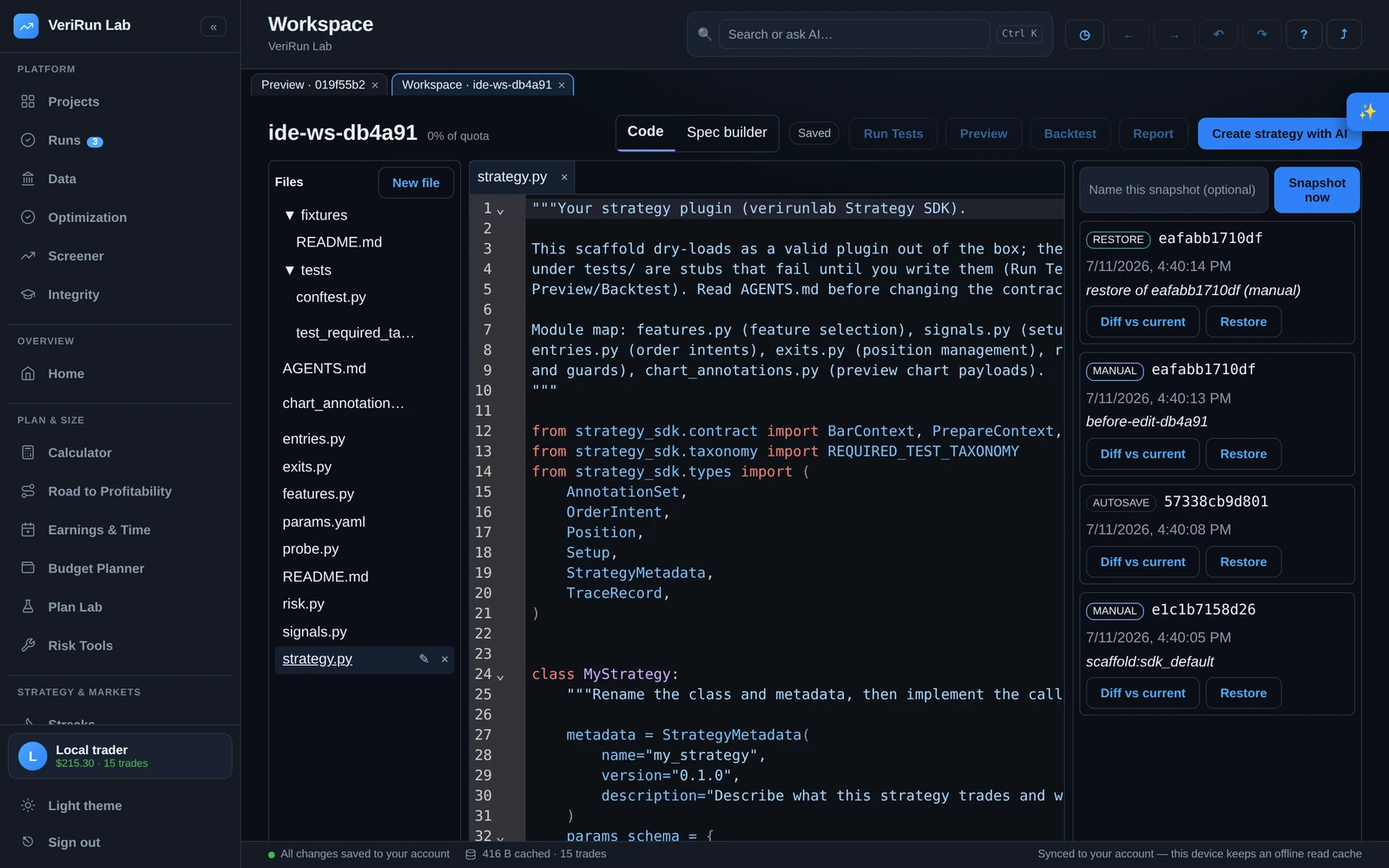 The workspace IDE: file tree, Python editor with diagnostics, and run controls