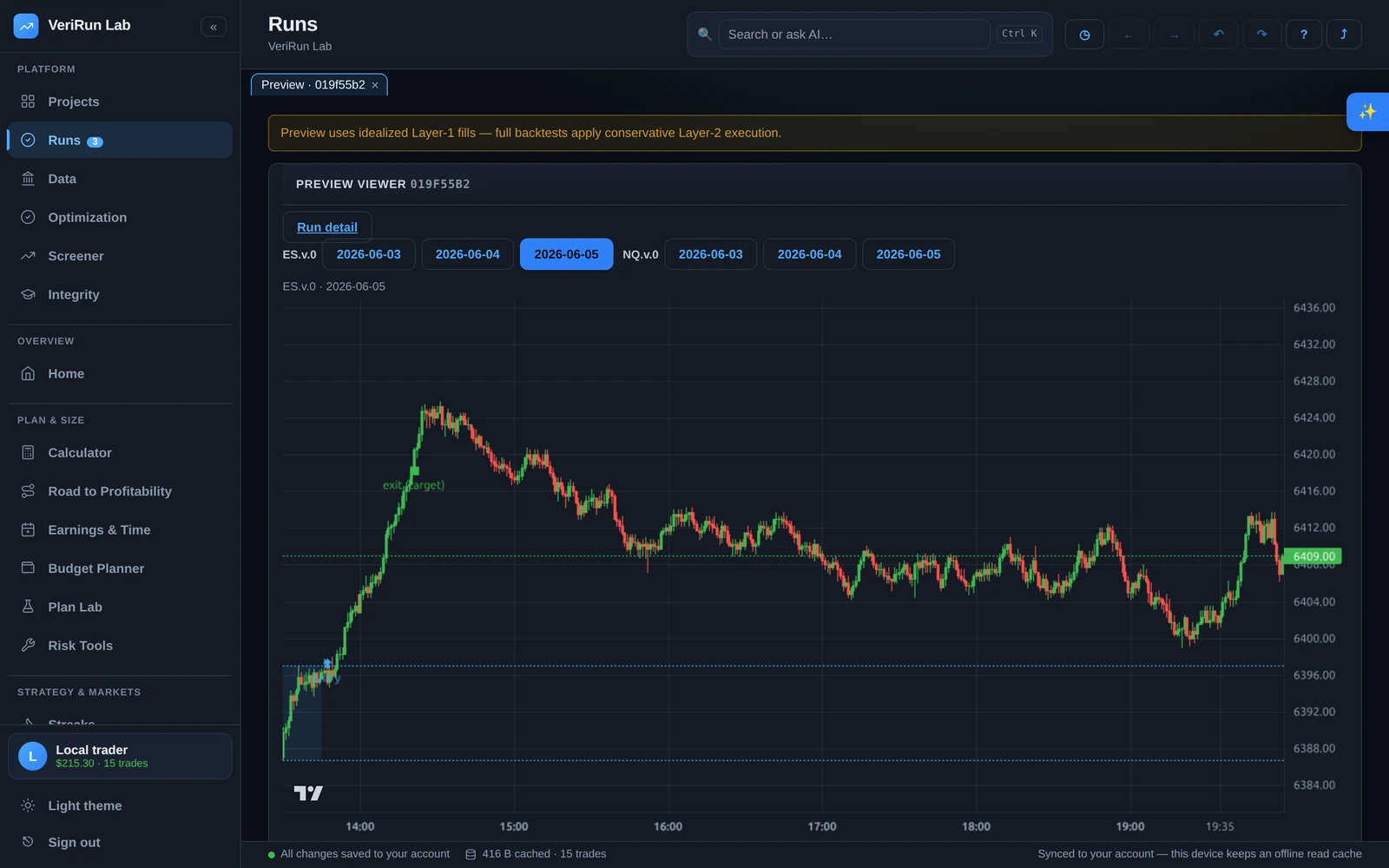 The preview viewer: a candlestick session chart with entries and exits marked